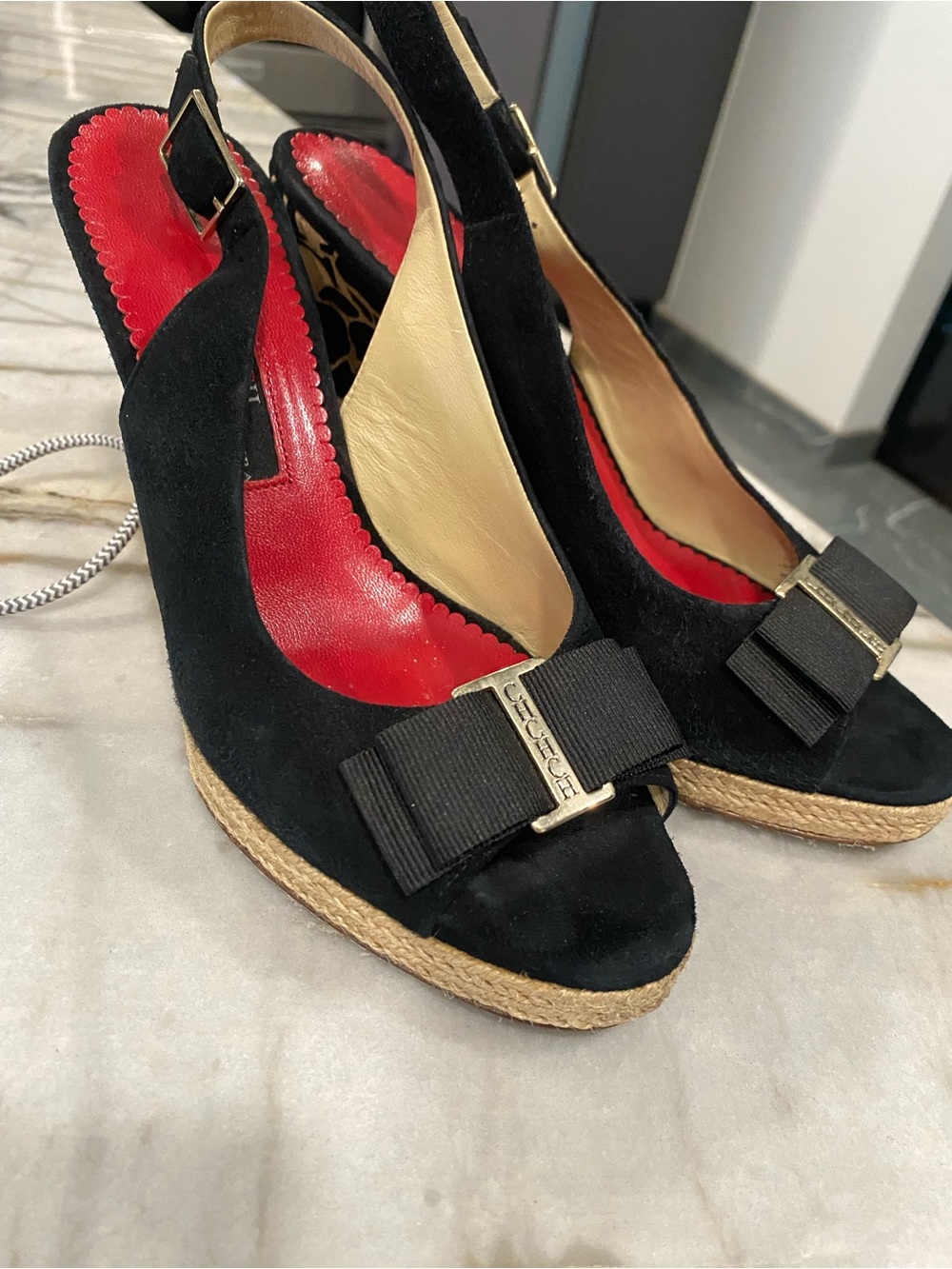 Carolina Herrera Black suede wedges cork platform slingback pumps